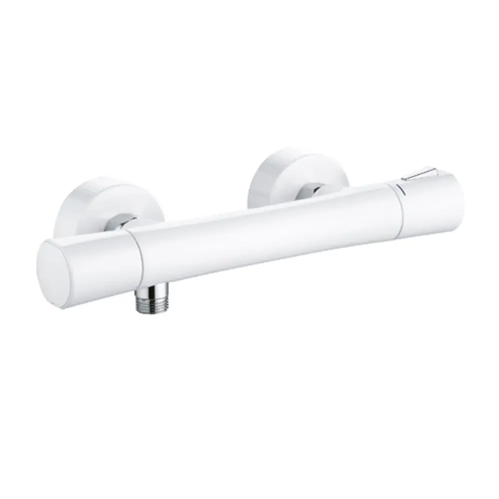 Weißer Thermostat-Duscharmatur von Kludi mit runder Form und zwei Wandanschlüssen. Der Bedienhebel ist an der Seite platziert.